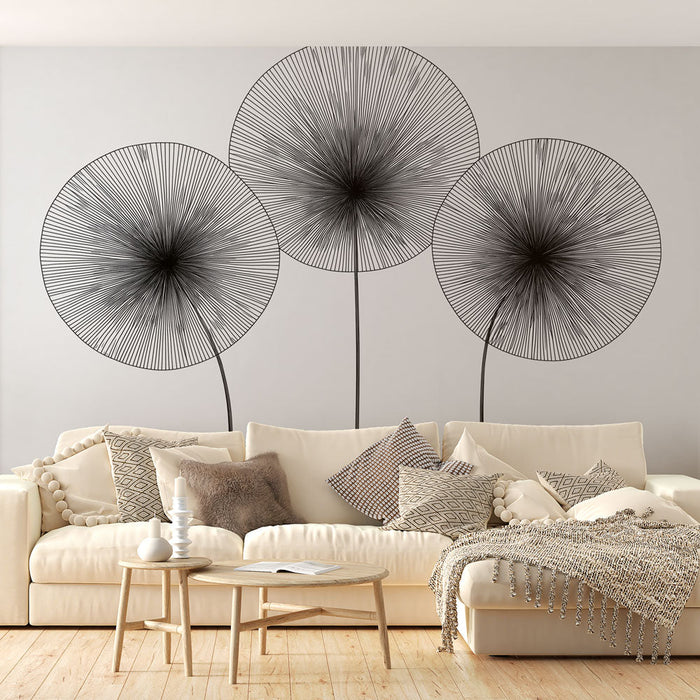 Μουσαμάς τοιχογραφίας στυλιζαρισμένα λουλούδια | Μοντέρνο γεωμετρικό σχέδιο λουλουδιών σε μαύρο