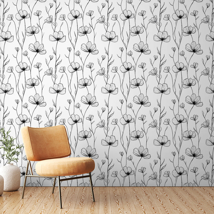 Carta da parati con fiori stilizzati | Motivi floreali disegnati a mano in nero su sfondo bianco