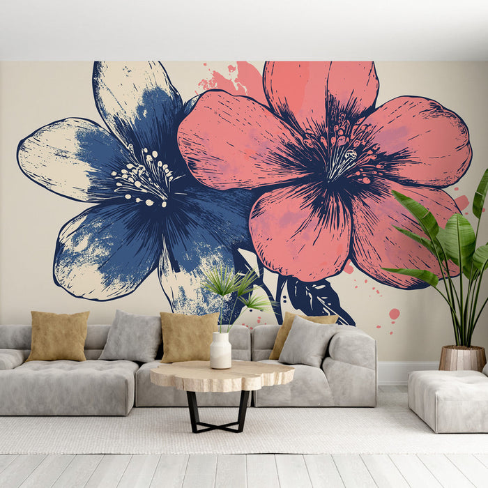 Fototapet stiliserede blomster | Blomstermønstre i blå og pink