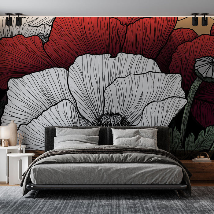 Stenska tapeta stilizirano cvetje | Mak v črno-beli