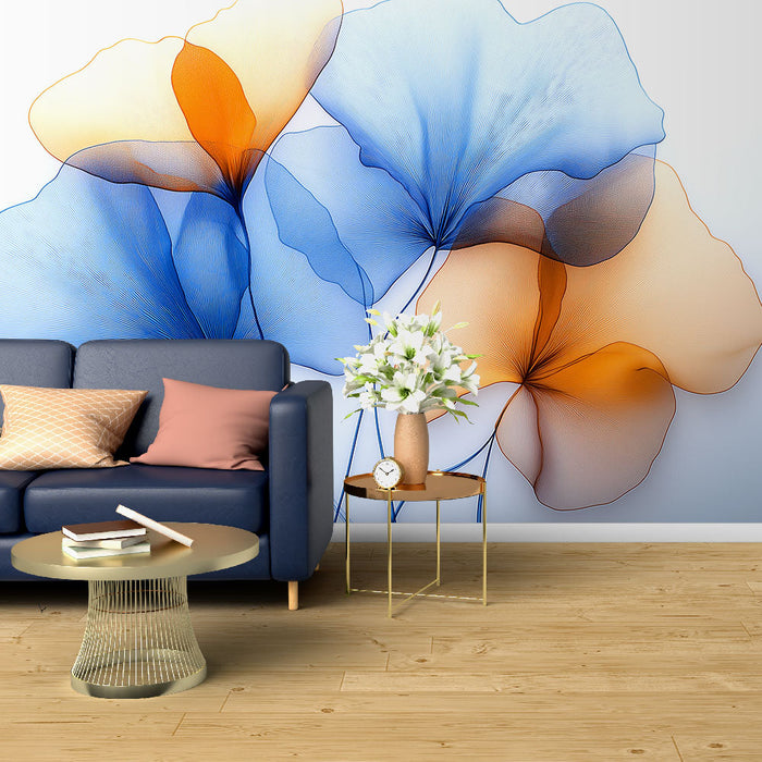 Mural Wallpaper translucent flowers | Elegant floral patterns in blue and orange