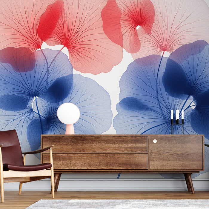 Muraaltapeet läbipaistvad lilled | Õrn lillemuster punases ja sinises
