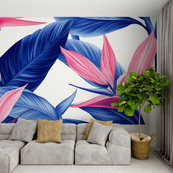 Tapeta tropické květiny | Modré listí a růžové květy