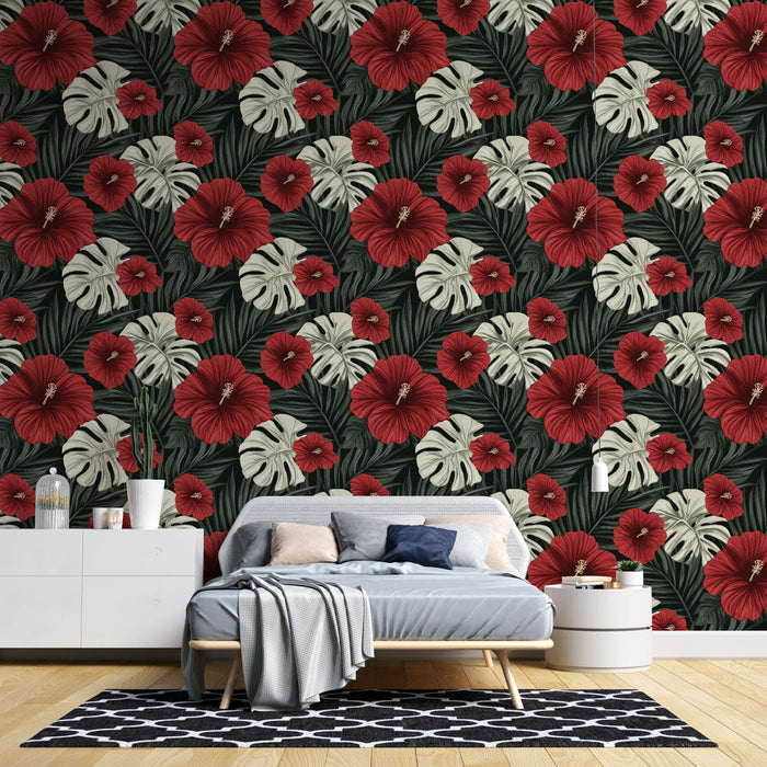Ταπετσαρία τροπικών λουλουδιών | Υπέροχα κόκκινα ιβίσκοι και πυκνά φυλλώματα