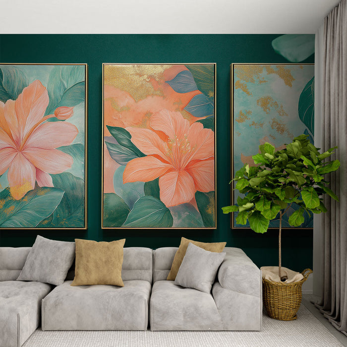 Fototapet tropske rože | Več cvetov v nežnih odtenkih na smaragdno zelenem ozadju