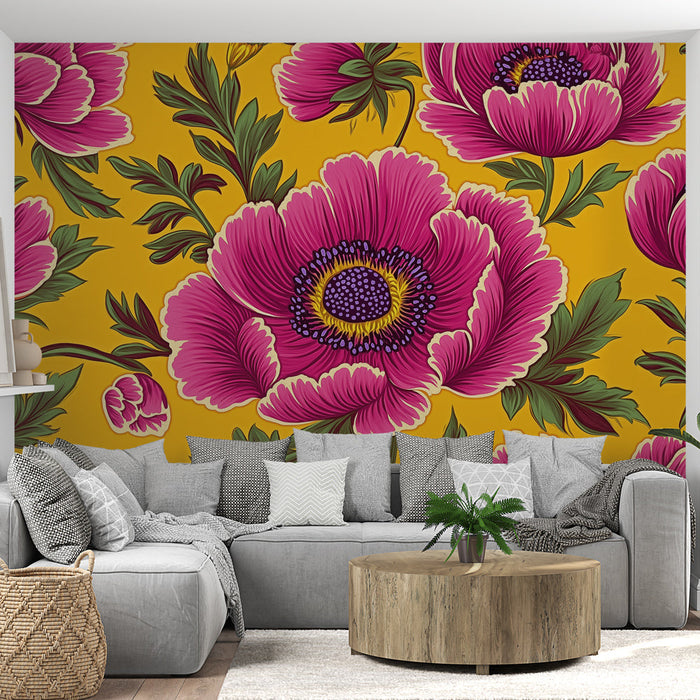 Tapet livlige-blomster | Smukke lyserøde blomster på en lys gul baggrund