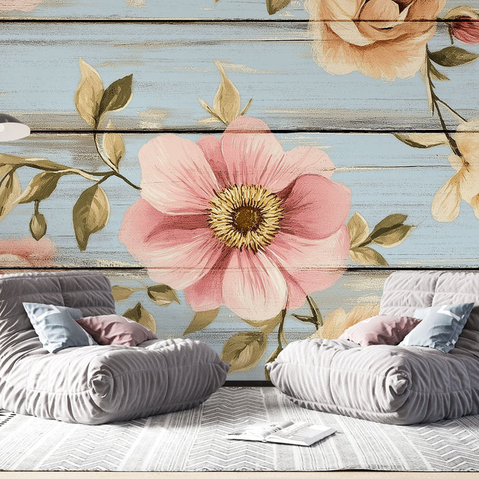 Muraaltapeet vintage lilled | Lilleline muster sinisel taustal