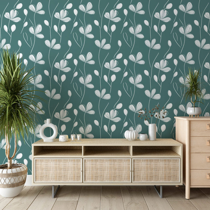 Tapete λεπτό άνθη | Λευκό μοτίβο λουλουδιών σε βαθύ πράσινο φόντο