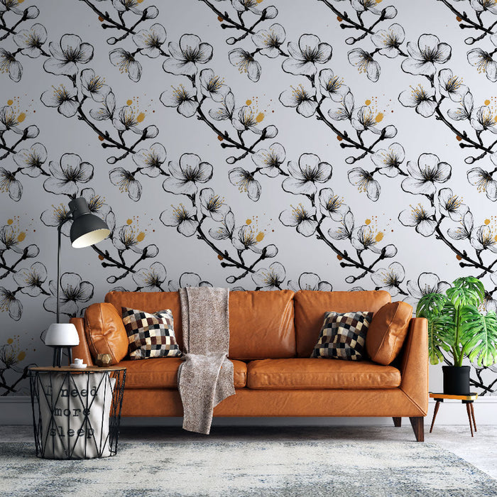 Fototapet blomstring monokrom | Hvide blomster og gyldne accenter på hvid baggrund