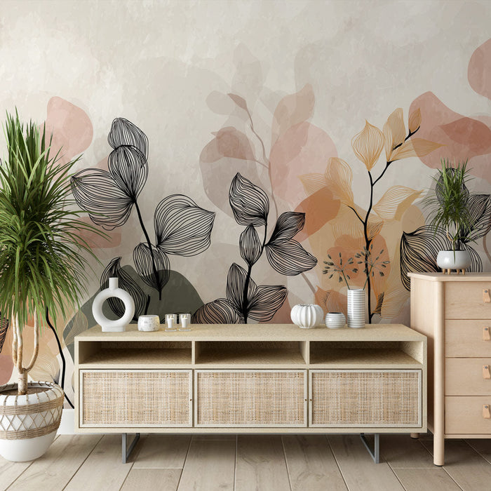 Abstrakt blomstret tapet | Delikate blade med sorte konturer på en pastelfarvet baggrund