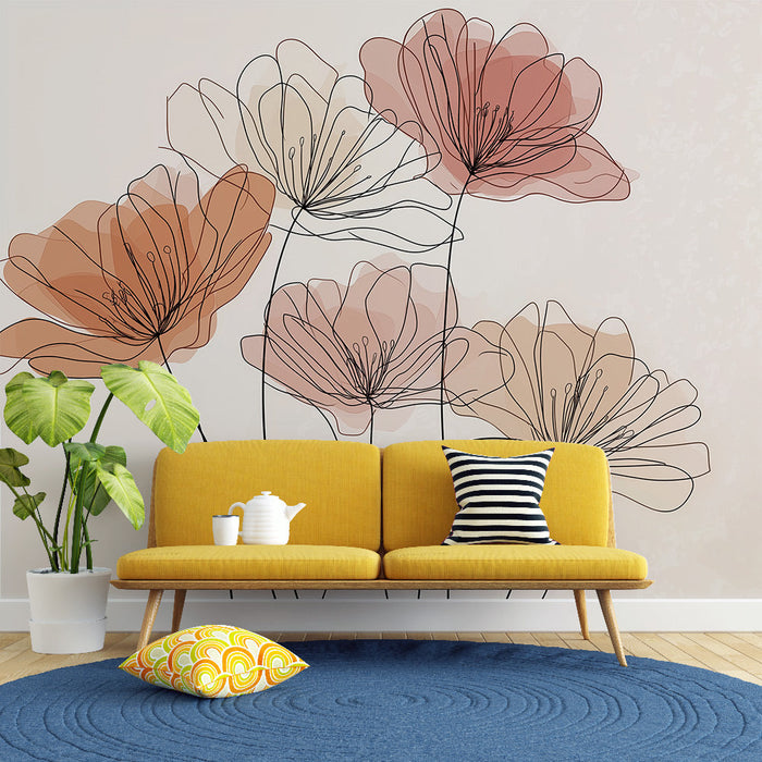 Fototapet blommig abstrakt | Delikata kontursblommor på en mjuk bakgrund