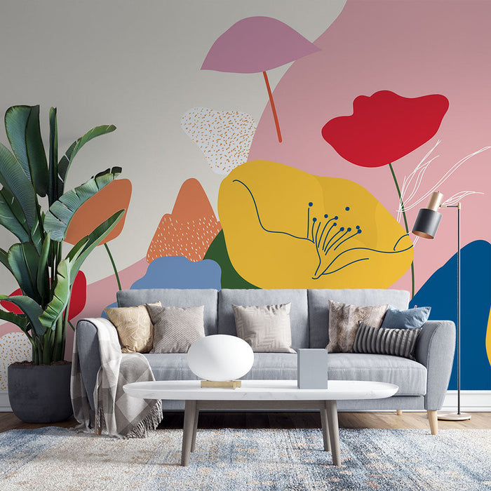 Abstrakt Blomstret Tapet | Farverige blomster med moderne former på en pastelfarvet baggrund