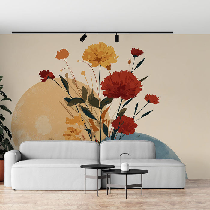 Abstrakt blomstret fototapet | Farverige blomster på en blød og geometrisk baggrund