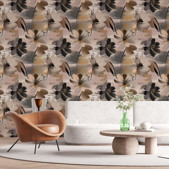 Papel de parede floral abstrato | Flores delicadas em fundo texturizado em tons neutros
