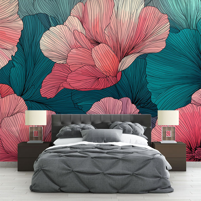 Fototapet abstrakt blomstermønster | Stiliserede blomster i rosa og blå nuancer