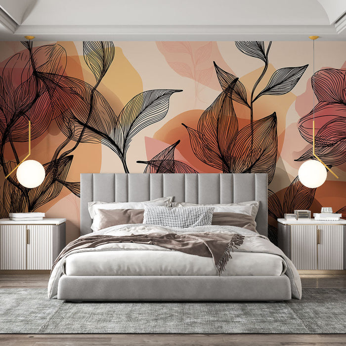 Abstrakt blomstret tapet | Delikat bladmønster med strejf af varme farver