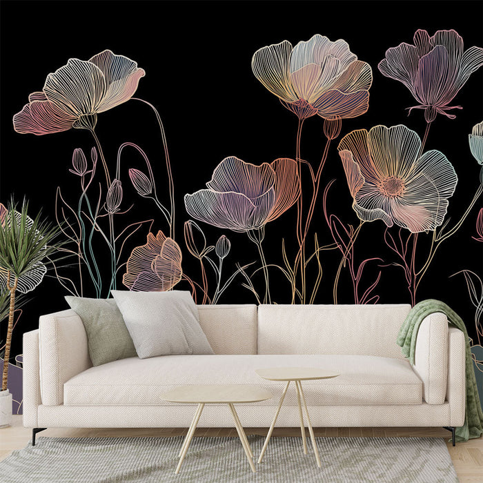 Abstrakt Blomstret Tapet | Delikat blomstermønster på en sort baggrund