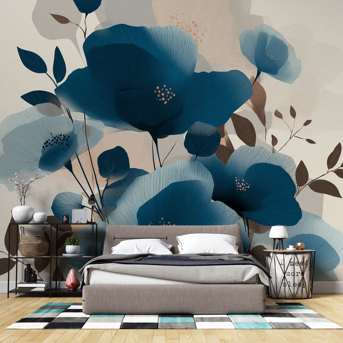 Αφητήριο τοίχου με λουλούδια | Μπλε και μπεζ μοτίβο λουλουδιών με λεπτά φύλλα