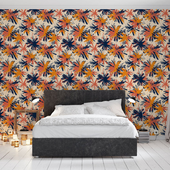 Mural Wallpaper floral abstract | Dynamic patterns in orange navy blue and pink