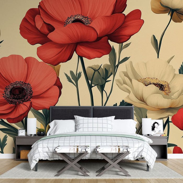 Mural Wallpaper | Red and White Anemones on Pastel Background