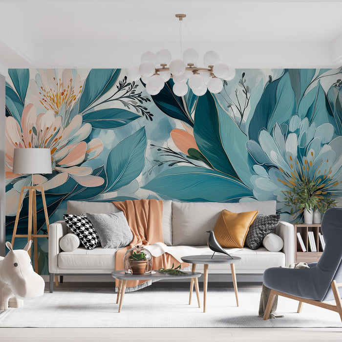 Tapete τοιχογραφίας με λουλούδια με υδατογραφία | Κομψά λουλούδια σε παστέλ και μπλε τόνους