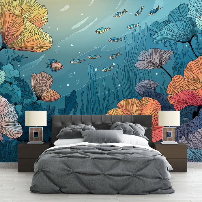Aquatic Floral Mural Wallpaper | Kleurrijke bloemen en exotische vissen in een onderwaterlandschap