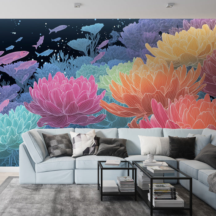 Ταπετσαρία υδάτινου φλοράλ | Πολύχρωμο εξωτικό μοτίβο λουλουδιών με ψάρια
