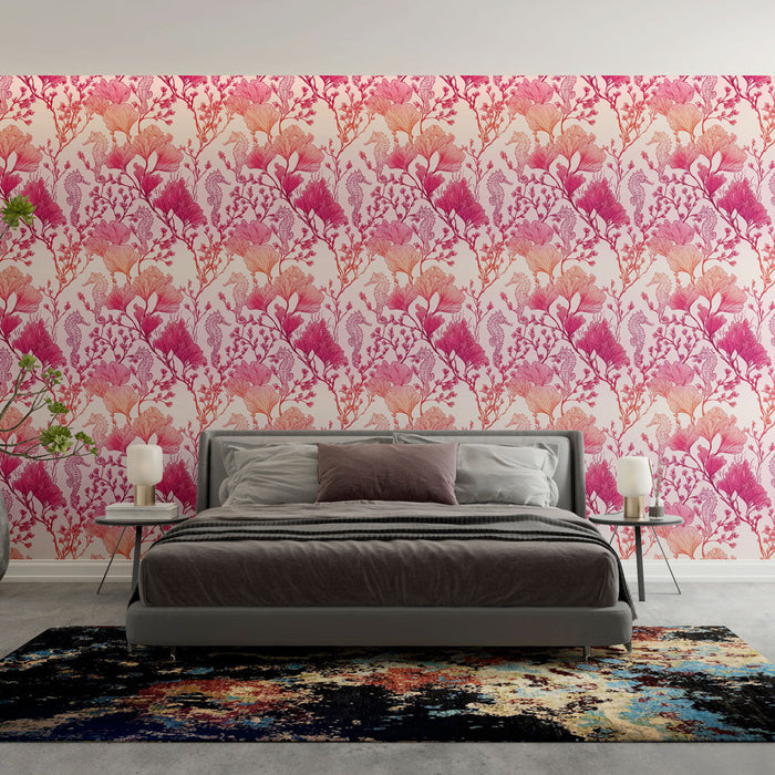 Тапет с акватичен цветярен мотив | Цветя и морски кончета в розови тонове