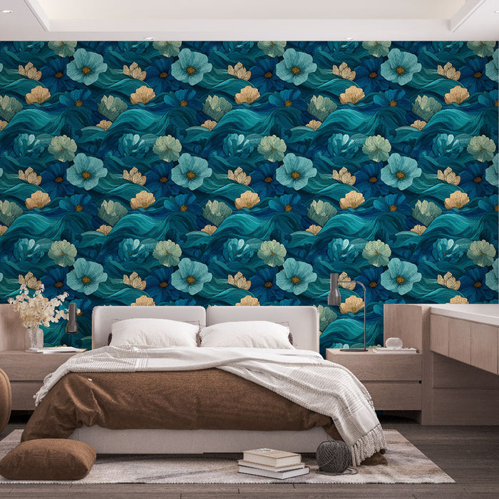 Fototapete blumiges Aquatic | Blumen- und Wellenmuster in Smaragdblau