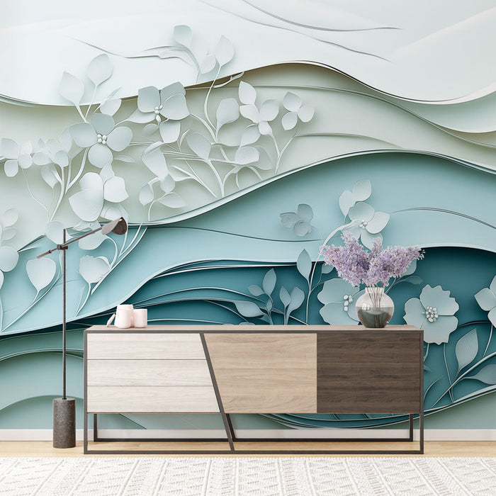 Aquatic floral mural wallpaper | Delicate floral patterns and soothing waves