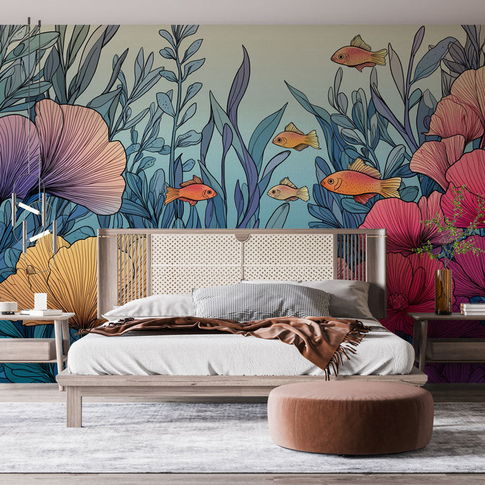 Mural Wallpaper floral aquatique | Plantes et poissons colorés dans un univers sous-marin