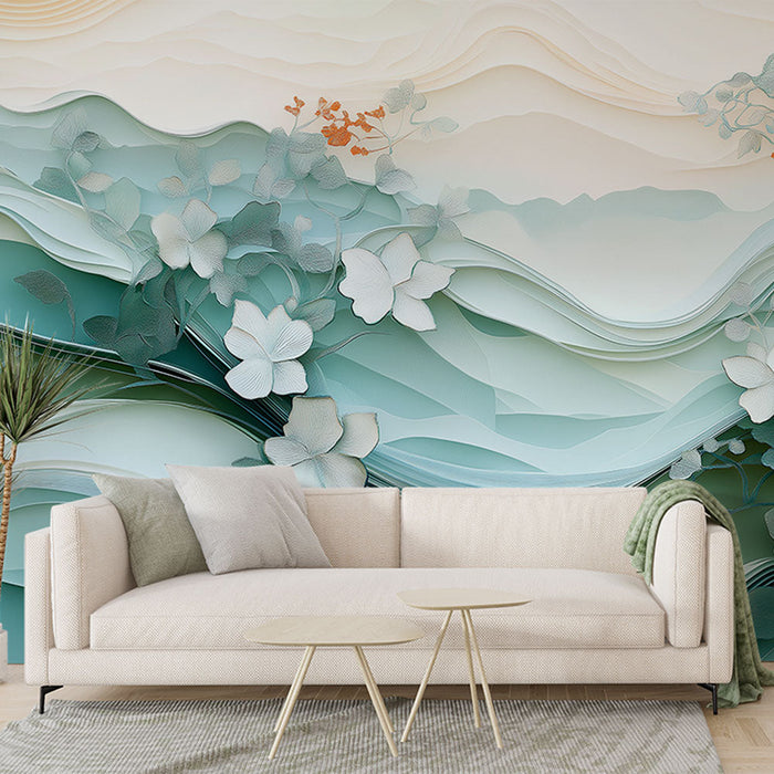 Aquatic Floral Mural Wallpaper | Delicate Waves and Stylized Flowers