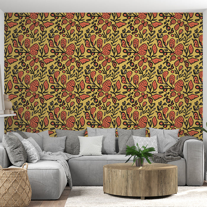 Papel de parede mural floral artístico | Padrão vibrante de flores e folhas em um fundo amarelo