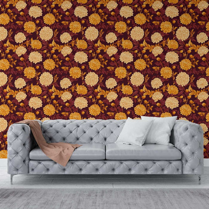 Fototapet çiçekli sonbahar | Altın çiçekler ve bordo zemin üzerinde yapraklar