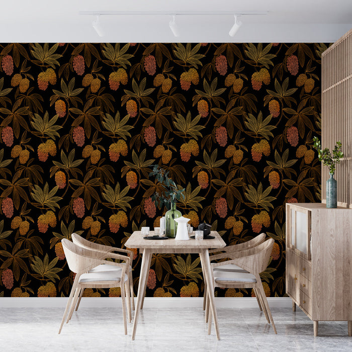 Autumnal floral mural wallpaper | Pattern of leaves and fruits on a black background
