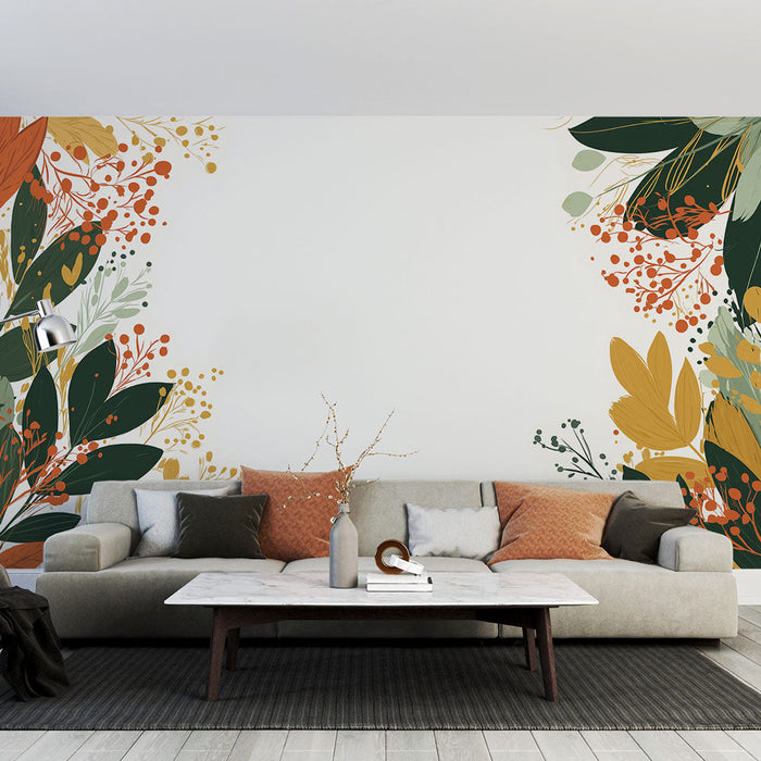 Tapete cvjetni jesenji mural | Uzorci lišća i bobica u toplim nijansama