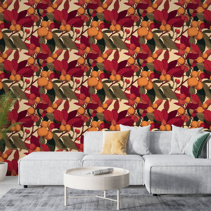 Tapete çiçekli sonbahar | Sıcak tonlarda yaprak ve meyve motifleri