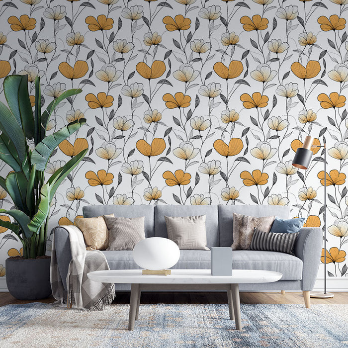 Çiçekli duvar kağıdı turuncu kalplerle | Beyaz zemin üzerinde beyaz ve turuncu çiçekler