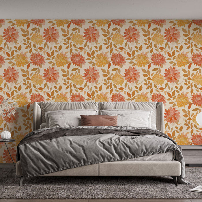 Lilleseinalillede tapeet sügisvärvides | Soe lille- ja lehemustriga kreemjas taust