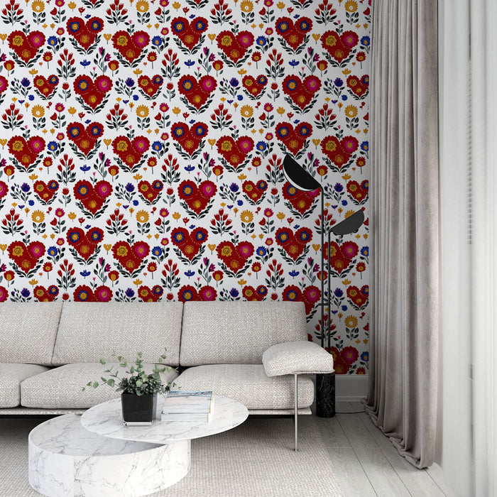 Florální tapeta srdcem | Barevné květinové a srdcové vzory na bílém pozadí