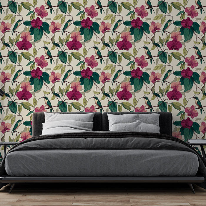 Tapete τοιχογραφίας με λουλούδια | Σχέδιο ροζ λουλουδιών και κολιβρίδες σε ανοιχτό φόντο