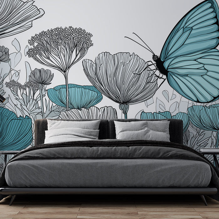 Virágos tapéta pillangóval | Stilizált virágelemek és egy világoskék pillangó