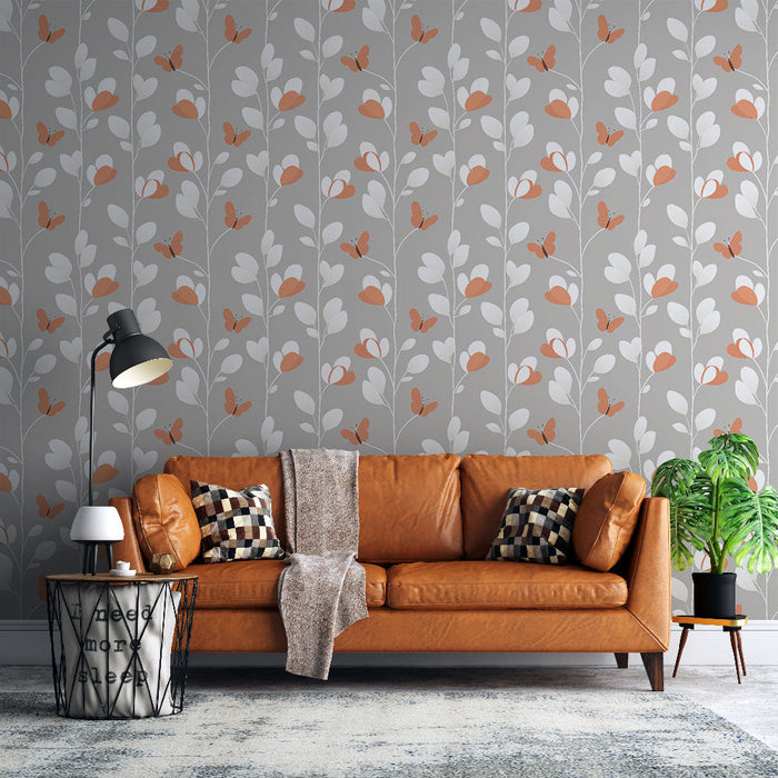 Floral Mural Wallpaper with Butterflies | Flower and Butterfly Pattern on Grey Background
