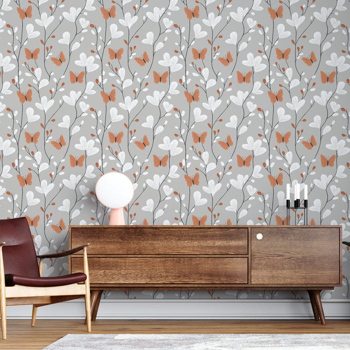 Floral Wallpaper with Butterflies | White flower patterns and copper butterflies on a grey background