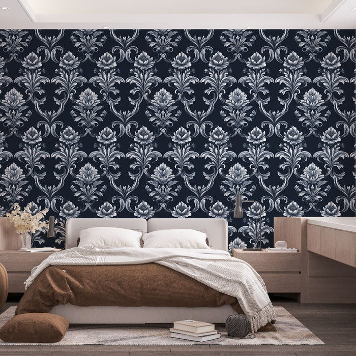 Floral Baroque Mural Wallpaper | Eleganz von Blumenmustern auf dunkelblauem Hintergrund