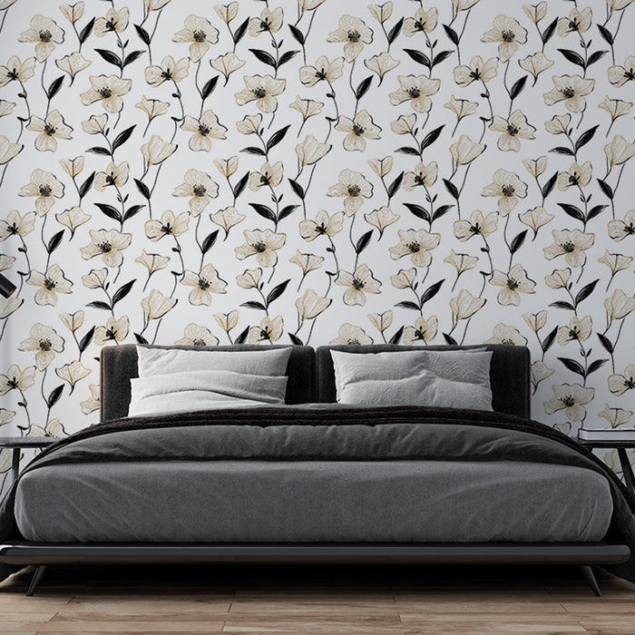 Fototapeet lilleline beež ja must | Õrnad lille mustrid valgel taustal