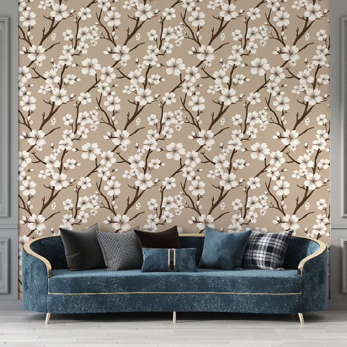 Foto Behang bloemen beige | Elegant wit bloemenpatroon op een neutrale achtergrond