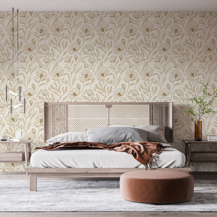 Fototapete Blumenmuster beige | Zartes Blumenmuster auf neutralem Hintergrund