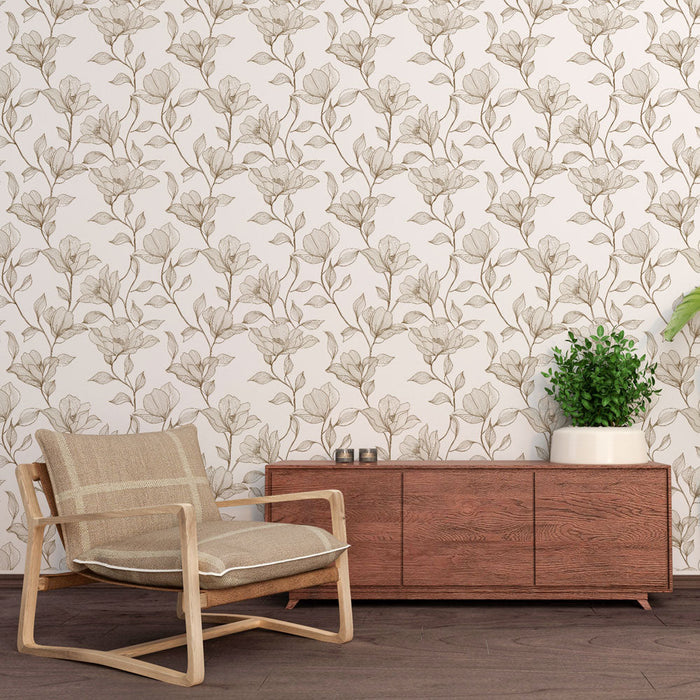 Tapeta ścienno-kwiatowa beżowa | Motyw kwiatowy i liściasty na białym tle