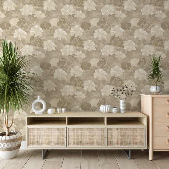 Tapete floral beige | Zartes Blumen- und Blattmotiv